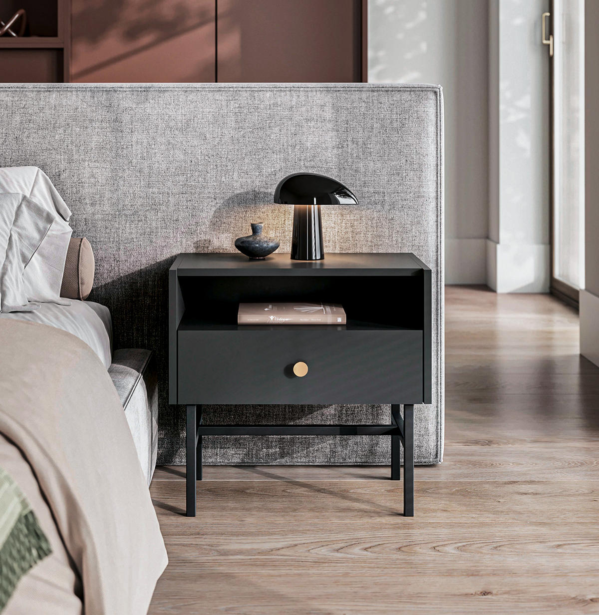 NACHTTISCH Dinley 1S Schwarz 54,8/52/39 cm – mit schwarzen Beinen im minimalistischen Design - Schwarz, Holzwerkstoff/Metall (54.8/52/39cm) - AX Living