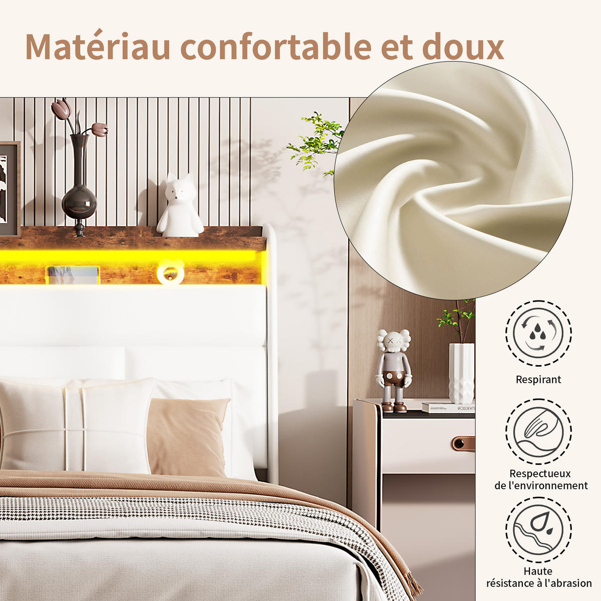 POLSTERBETT 140x200 cm, Weiß, mit Lattenrost & Stauraum, Doppelbett mit LED, Kunstleder - Weiß, Textil/Metall (140/200cm)