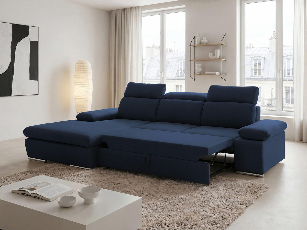 ECKSOFA PABLO mit Schlaffunktion und Bettkasten Marineblau - Dunkelblau, Holzwerkstoff/Kunststoff (250/90cm) - Idohome