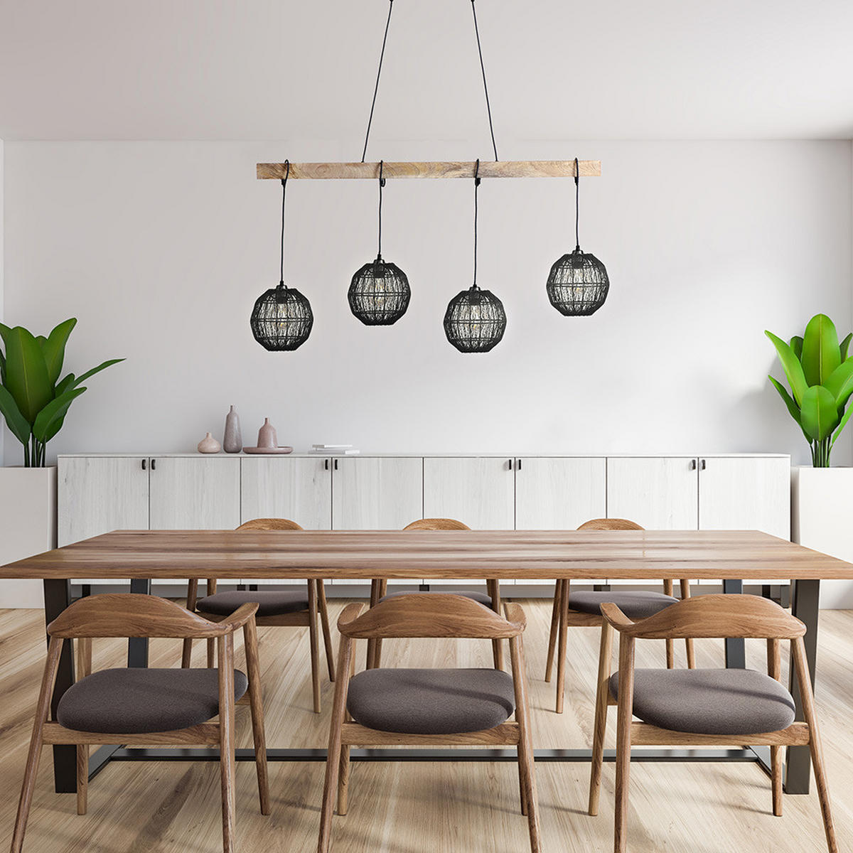 HÄNGELEUCHTE Metall Braun Holz 4-flammig - Braun, Holz (100/20/140cm) - Globo Lighting