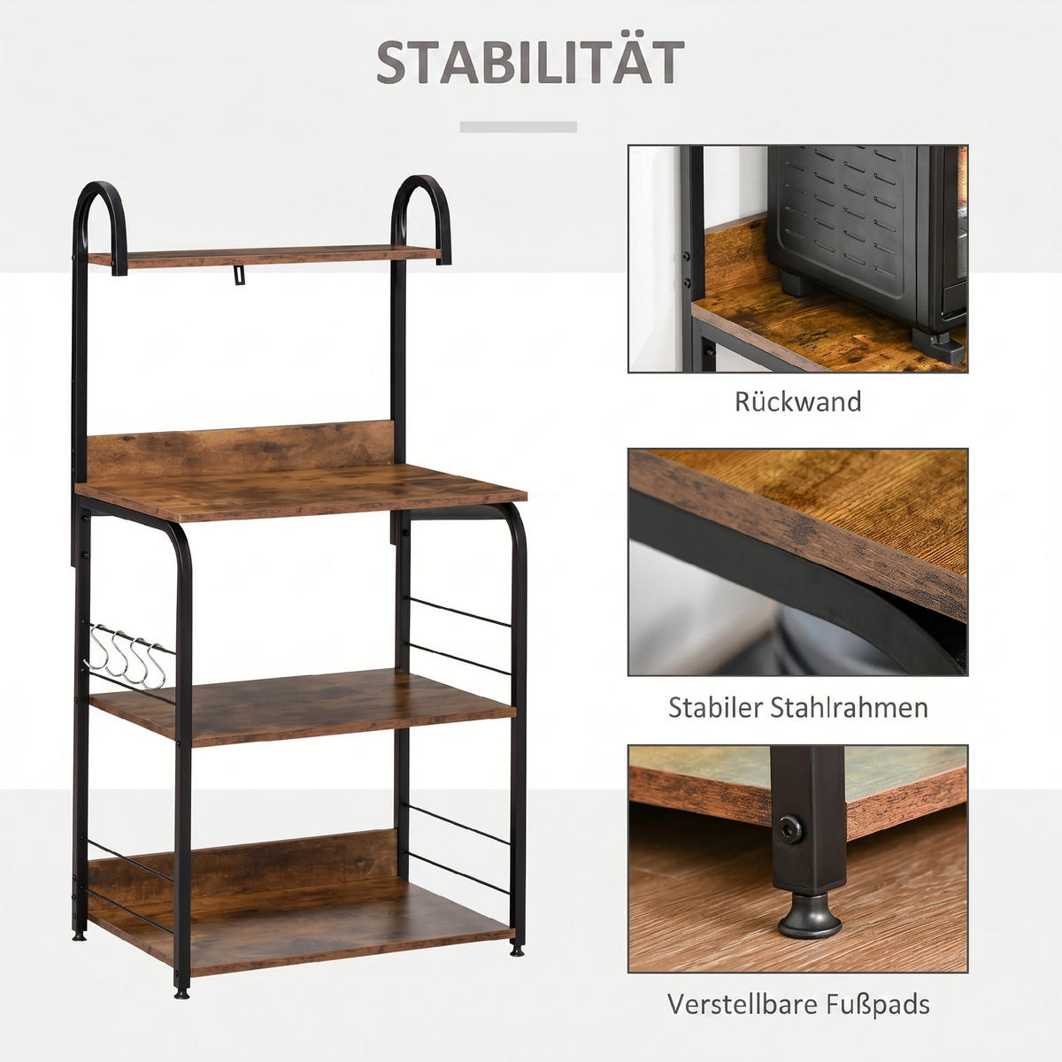 KÜCHENREGAL Holzwerkstoff, Stahl Rustikal-Braun - Braun, Holzwerkstoff (40/125/60cm) - HOMCOM