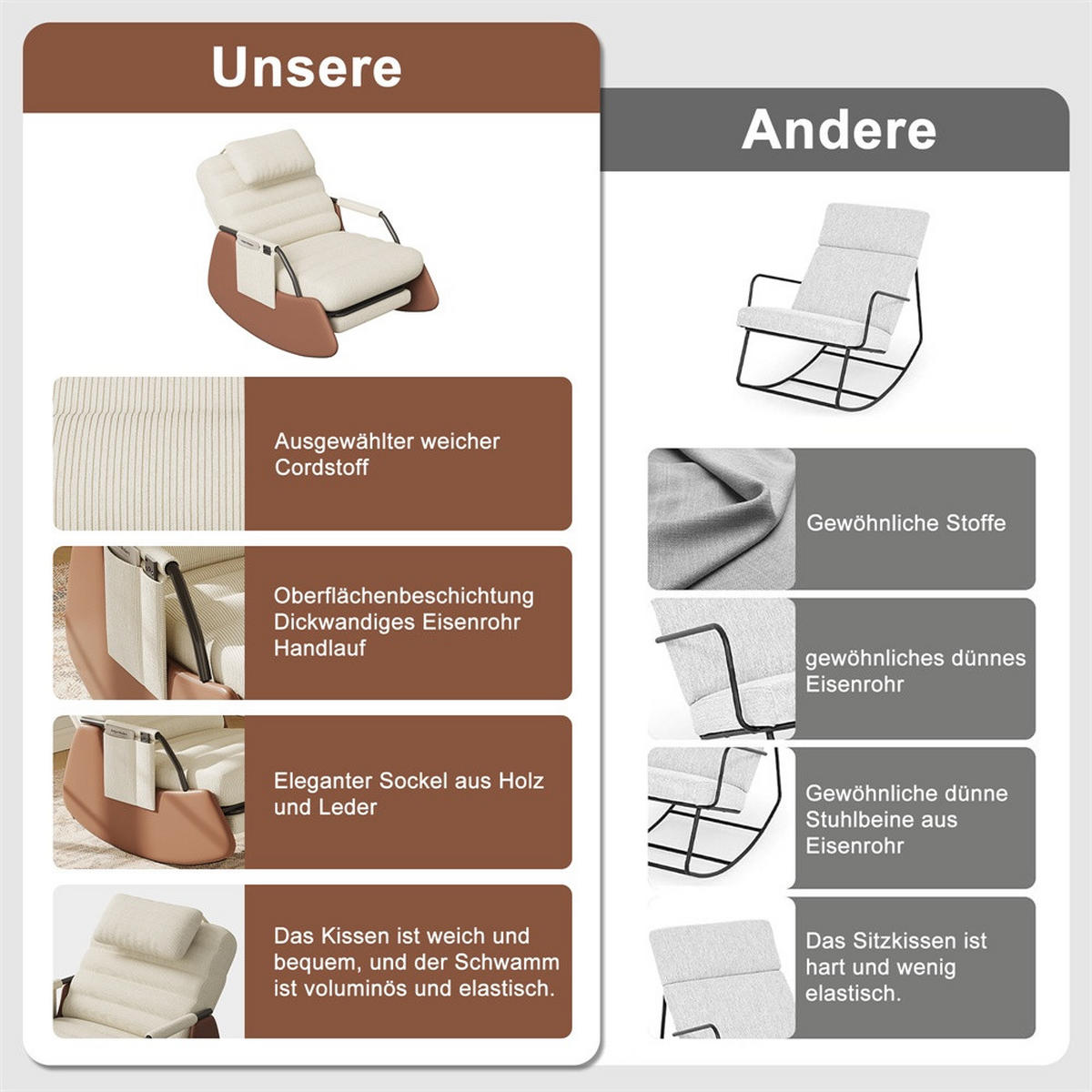 SCHAUKELSTUHL mit ausziehbarer Fußauflage und Kopfkissen - 3 stufig verstellbare Rückenlehne und Cord-Bezug - Beige - Beige, Textil (67/92/91.5cm) - DELFA