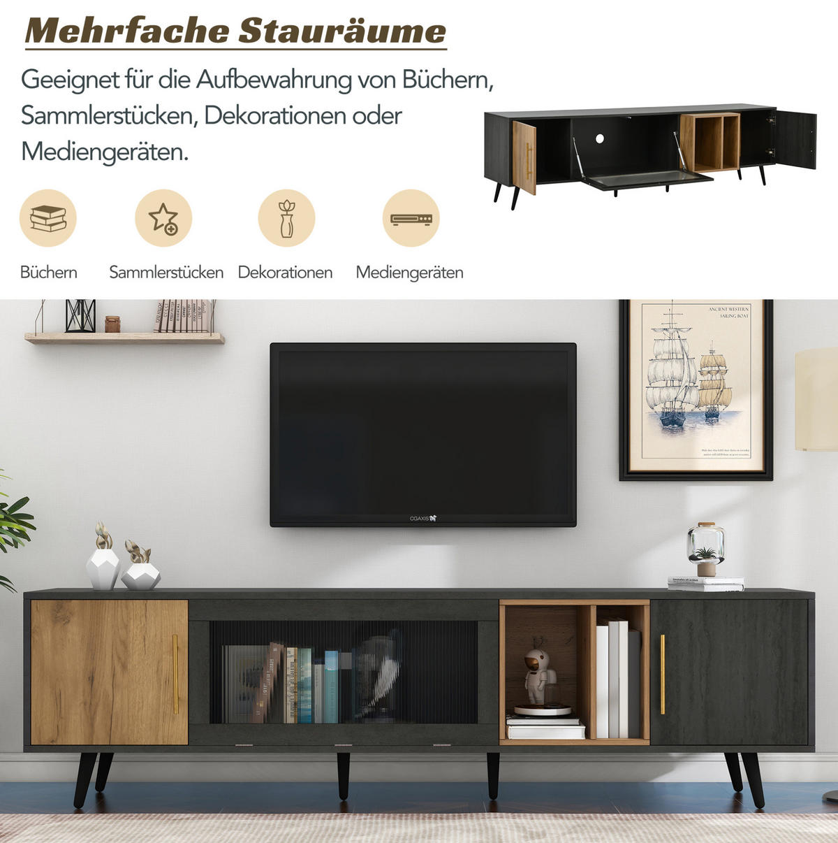 TV ormarić 200/40/55,5 cm sivo-smeđi od MDF-a s Changhong staklom i otvorom za kabele - siva, drvni materijal (200/55.5/40cm) - OKWISH
