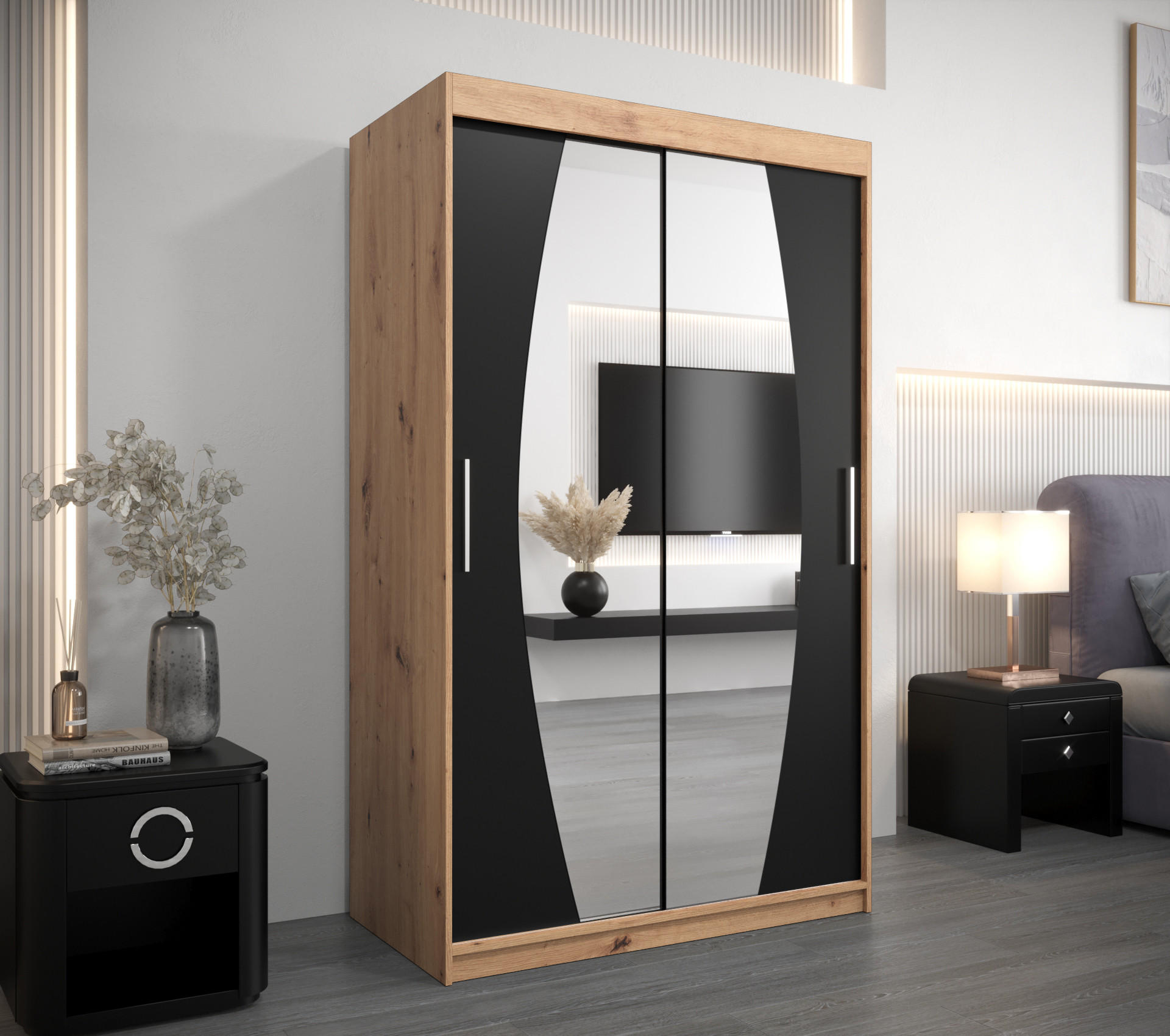 SCHWEBETÜRENSCHRANK 200/120/62 2-türig - Silberfarben/Schwarz, Holz/Kunststoff (120/200/62cm) - Abiks Möbel