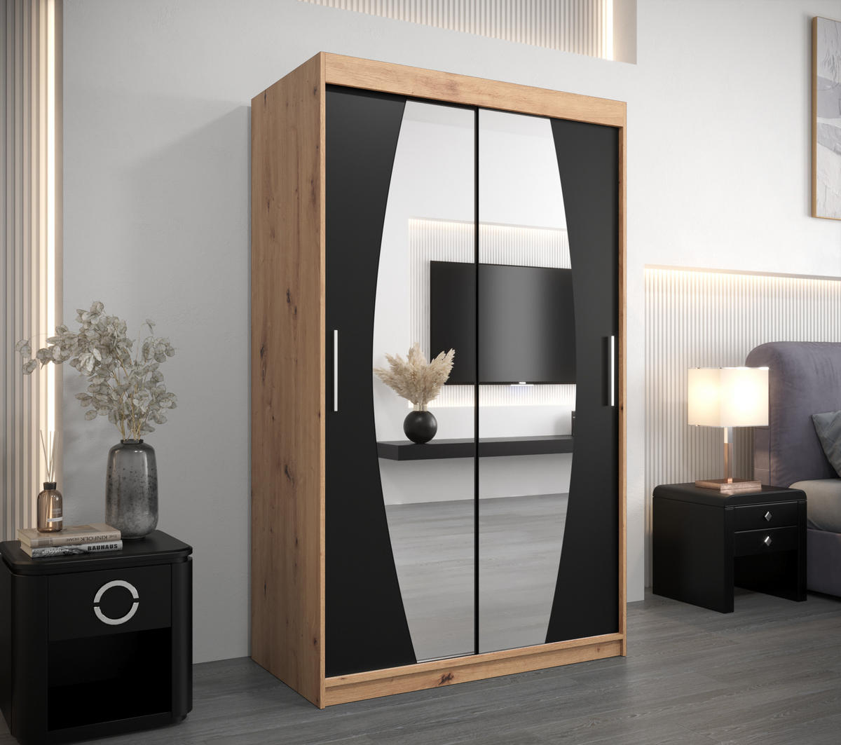 SCHWEBETÜRENSCHRANK 200/120/62 2-türig - Silberfarben/Schwarz, Holz/Kunststoff (120/200/62cm) - Abiks Möbel