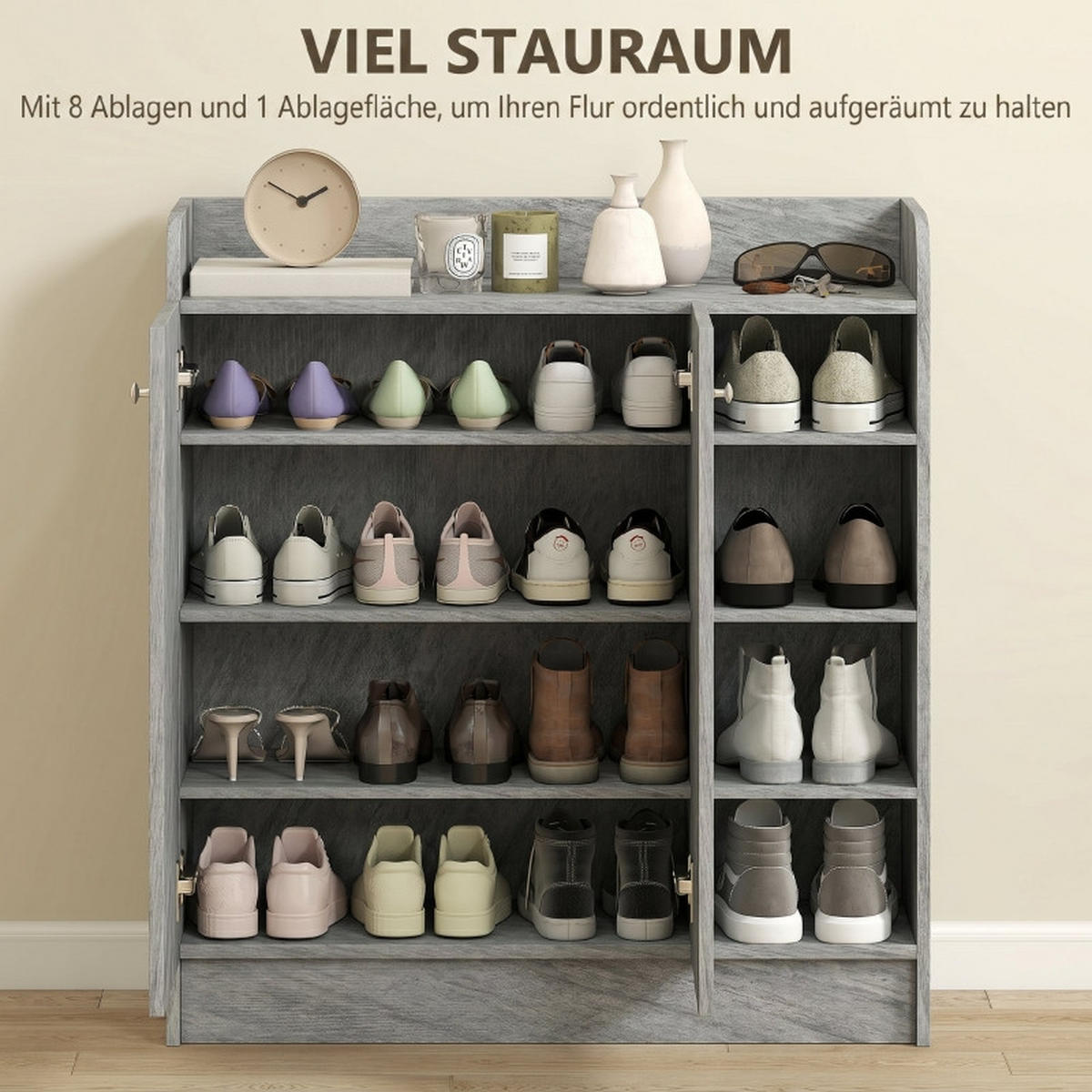 SCHUHSCHRANK DE-38051 83/30/90 cm mit 2 Türen und 4 offenen Fächern Grau - Grau, Holzwerkstoff (83/90/30cm) - ComfortXL