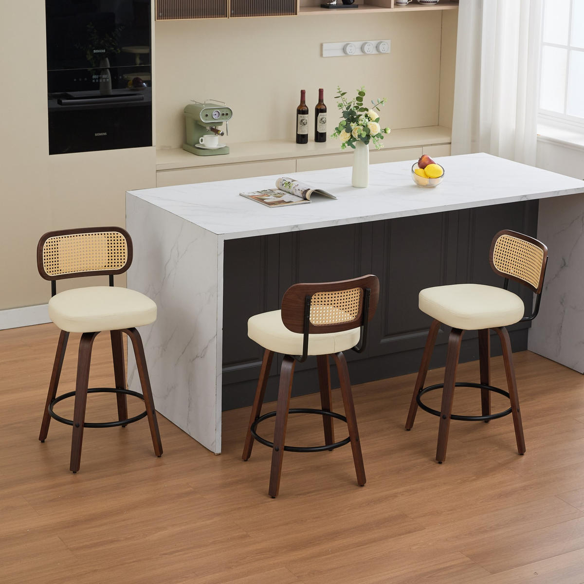 BARHOCKER 3er-Set,Drehstuhl,360° drehbar,PU-Leder,Beige - Beige, Holz (42/90/56cm) - LVHOM