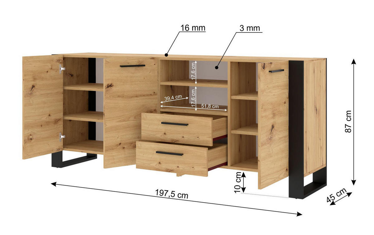 KOMMODE Artisann 197/87/45 - Eiche Artisan, Holzwerkstoff (197/87/45cm) - RAUMHIRSCH FURNITURE