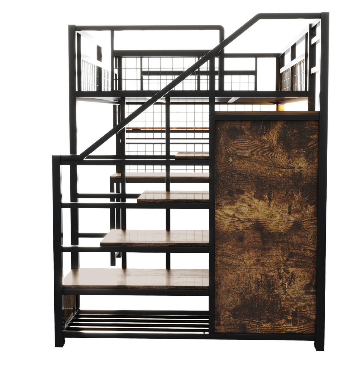 HOCHBETT 140/200 cm mit Stauraumtreppe, Kleiderschrank, Schreibtisch, Regal, Lichtleiste und Steckdose, Schwarz - Schwarz, Holzwerkstoff (140/200cm) - Redom