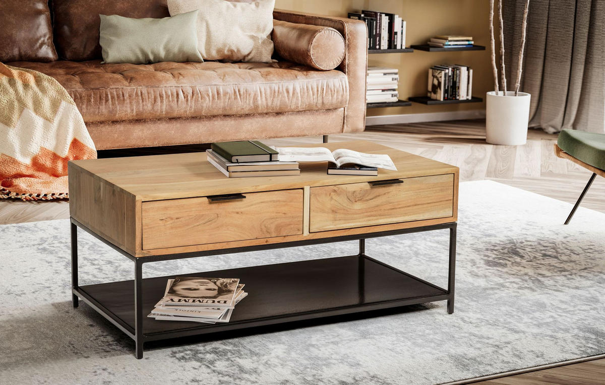 COUCHTISCH Akazie Massivholz Metall 90x50x40cm mit Schubladen Moderner Stauraum - Schwarz/Akaziefarben, Holz/Metall (50/90/40cm) - KADIMA DESIGN