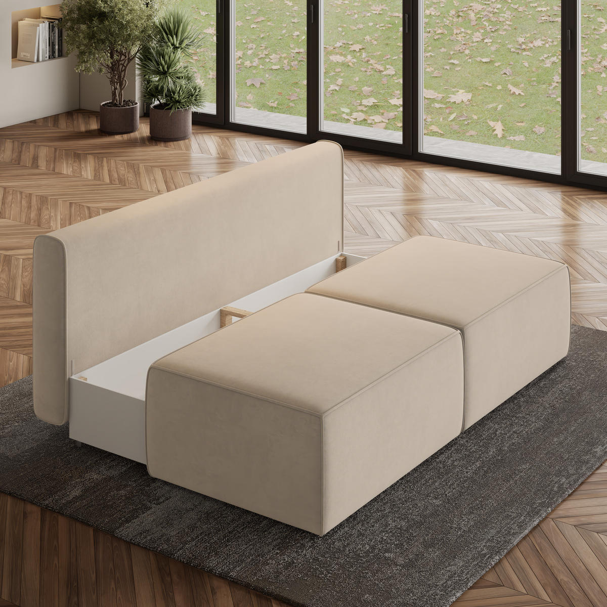 ECKSOFA VARNA M Creme Velours-Stoff mit Schlaffunktion - Creme, Holz (196/158cm) - MASSENO