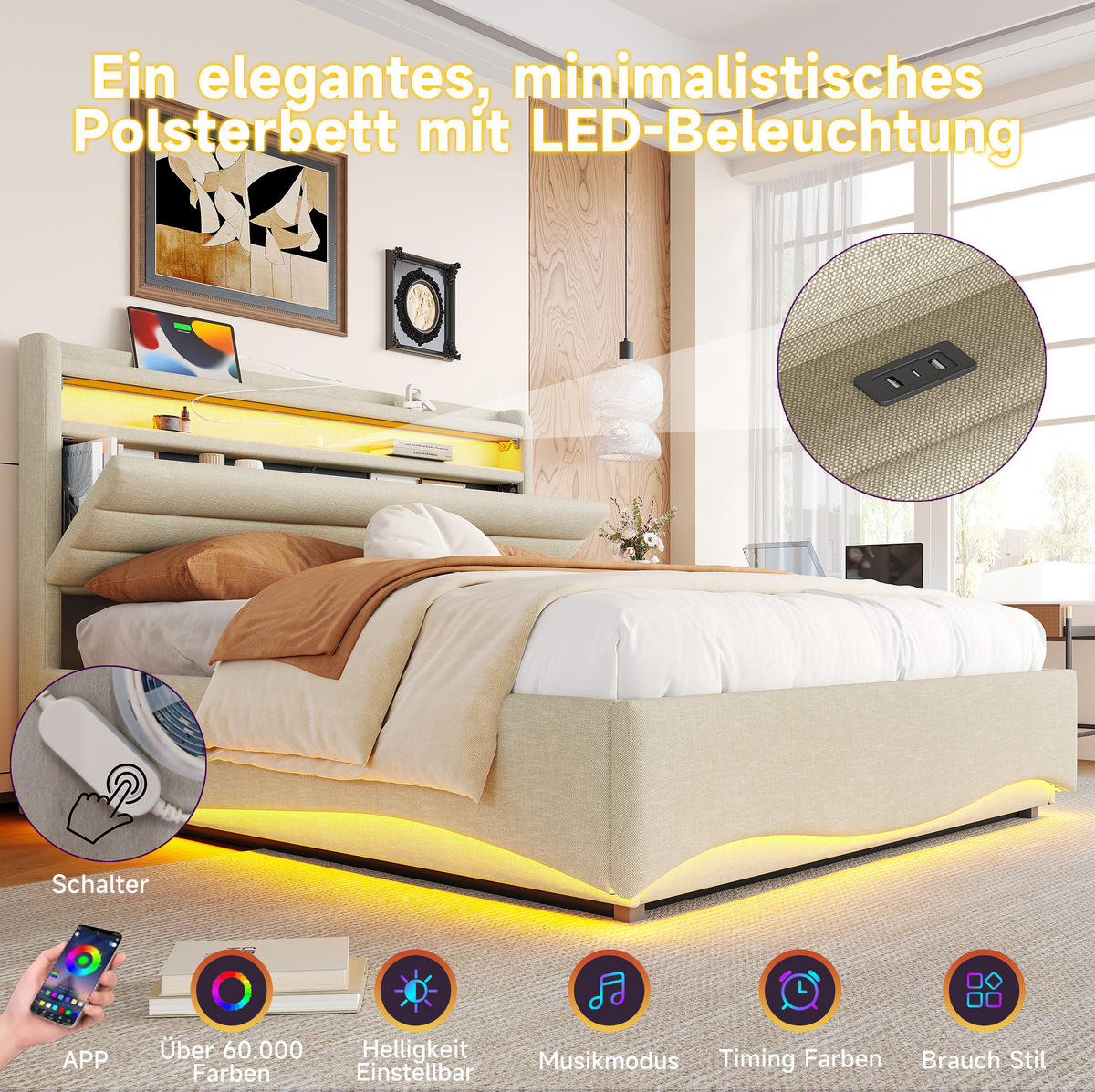 ČALÚNENÁ posteľ z ľanu 140x200 cm sivá s LED osvetlením, hydraulickým úložným priestorom, USB a USB-C - sivá, textil (140/200cm) - Modfu