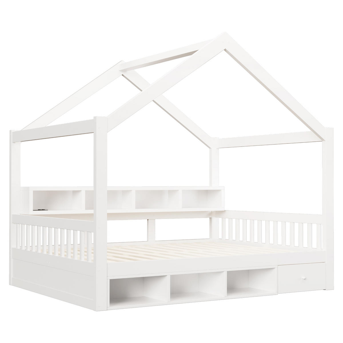 HAUSBETT 140/200 cm mit Dachrahmen, Stauraum und LED, DE-41651, in Weiß - Weiß, Holzwerkstoff (140/200cm) - ComfortXL