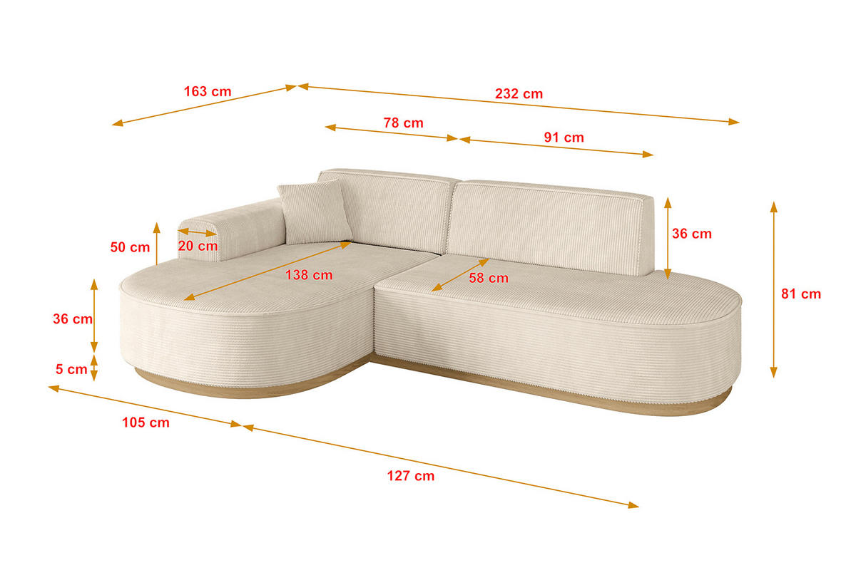 ECKSOFA Ottomane Links MARI-L1-v2 - 243x171x83 cm Beige Cord - Beige, Holzwerkstoff/Textil (243/171cm) - ALTDECOR