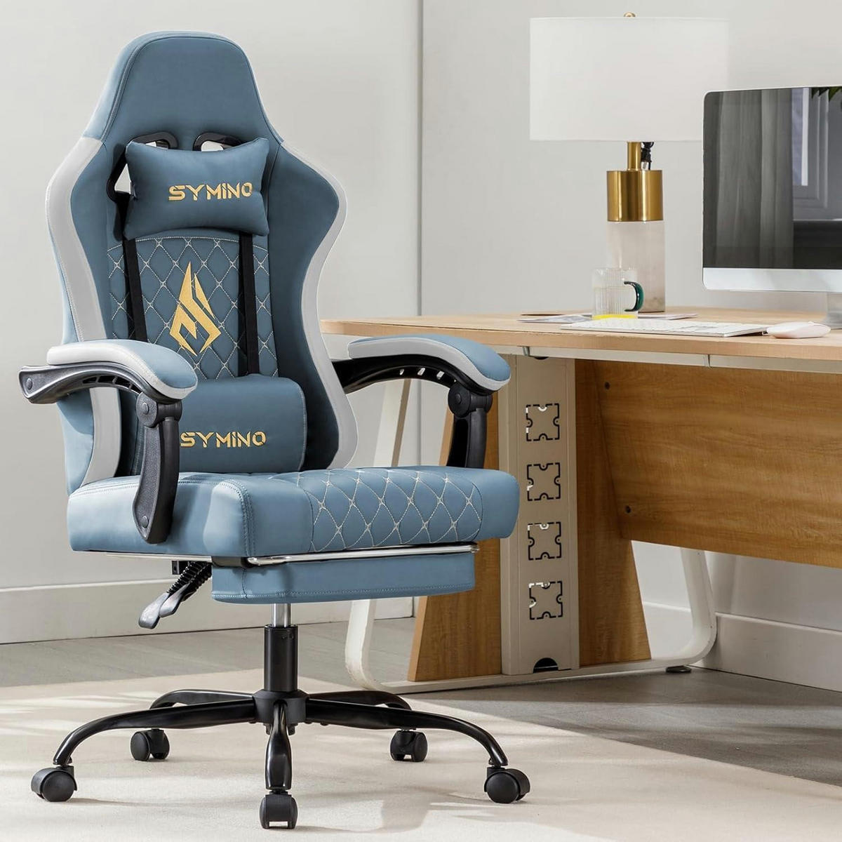 GAMING Stuhl mit Lendenwirbelstütze und Fußstütze Kunstleder Hellblau - Hellblau, Kunststoff (50/122/50cm)