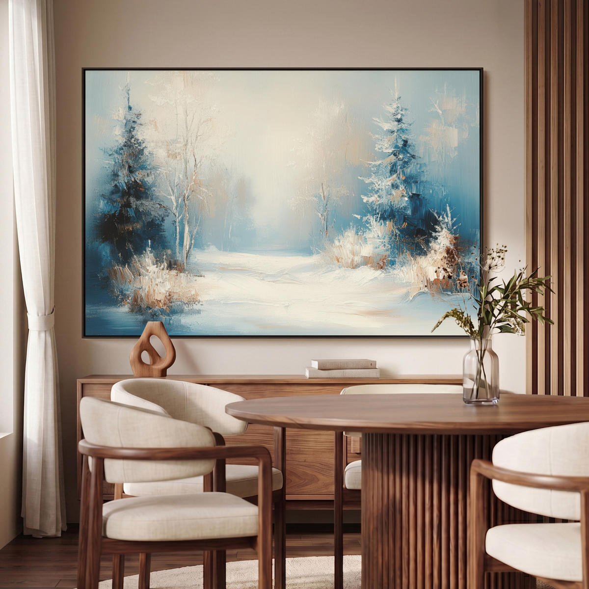 LEINWAND Bilder mit Rahmen - Wald – Winter – Natur – Abstrakt – Schnee - 120x80 - Weiß, Textil (120/80cm) - MuchoWow