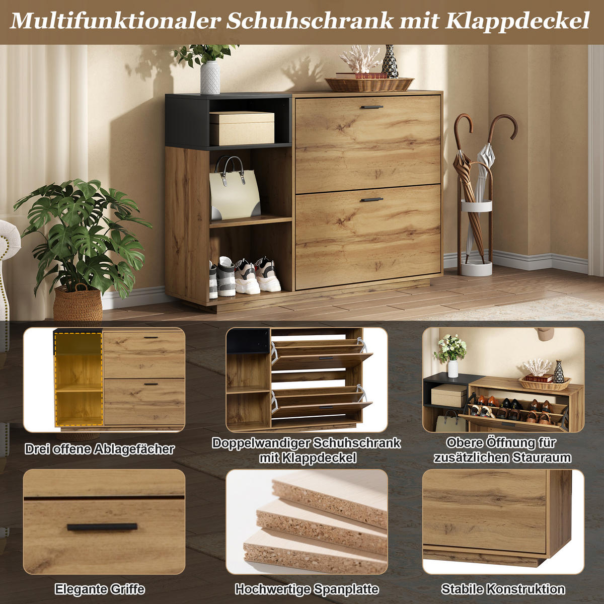 SCHUHSCHRANK Naturholzfarbe und Schwarz 120/32/84,5 cm - Naturfarben, Holzwerkstoff (120/84.5/32cm) - PANGIVO