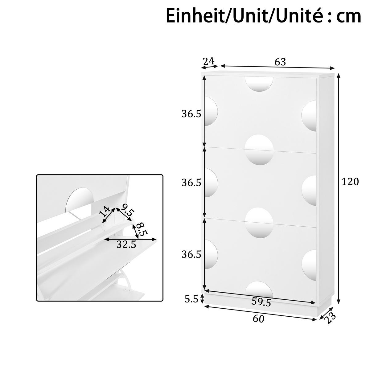 SCHUHSCHRANK in Weiß Schuhkommode mit 3 Klappen,Spiegel und großem Stauraum für Eingangsbereich und Foyer,B63/T24/H120cm - Weiß, Holzwerkstoff/Metall (63/120/24cm) - STILVORA