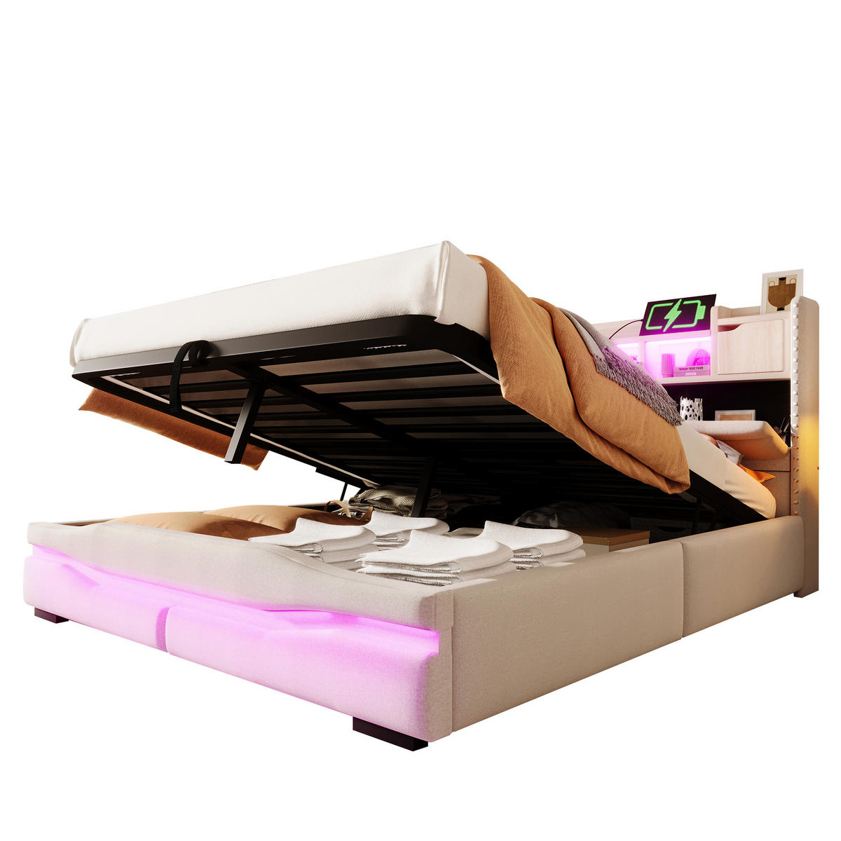POLSTERBETT 160/200 cm Beige mit hydraulischem Stauraum und LED-Beleuchtung - Beige, Textil (160/200cm) - OKWISH