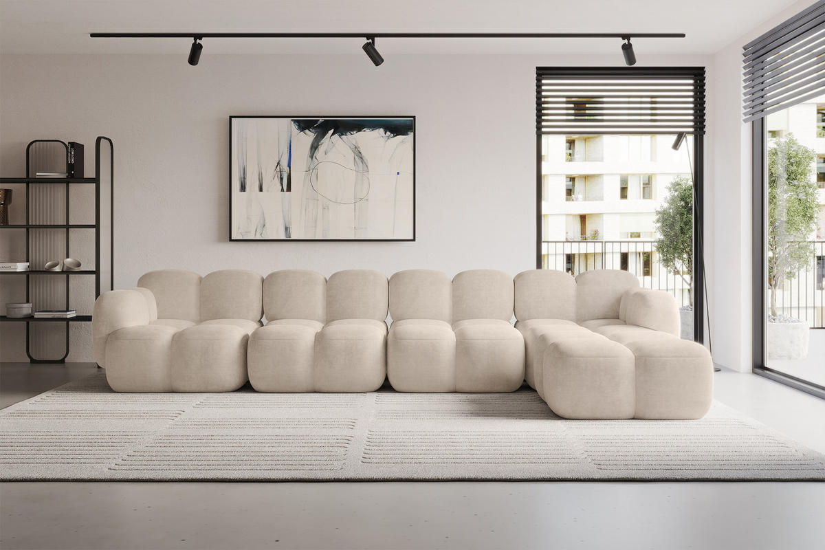 ECKSOFA modulares Sofa Rechts Miko-L3 390x205x75 Beige Velours - Ecru/Schwarz, Holzwerkstoff/Kunststoff (390/205cm) - ALTDECOR