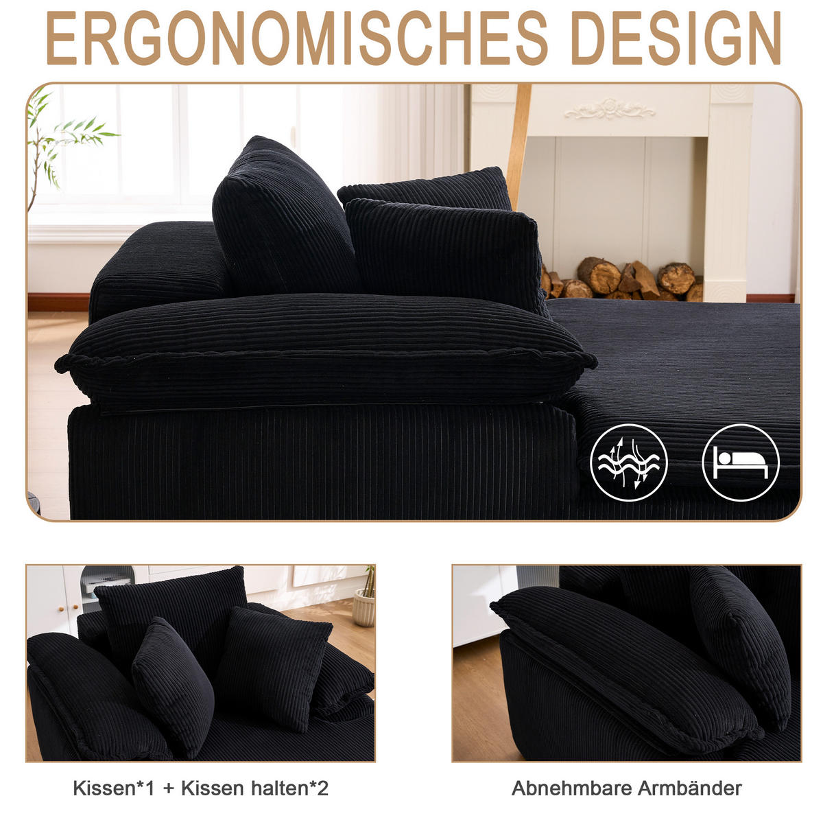 RELAXSOFA Cord ergonomisch mit breiten Armlehnen 177/122/92 cm Schwarz - Schwarz, Textil (122/92/177cm) - Redom