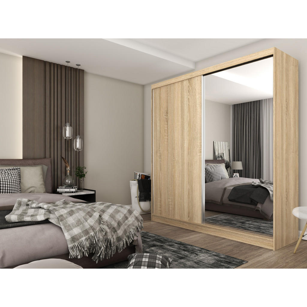 Thumbnail - Masseno Schwebetürenschrank, Sonoma Eiche, Holzwerkstoff, 7 Fächer, Rechteckig, 200x216x61 cm, Schlafzimmer, Kleiderschr...