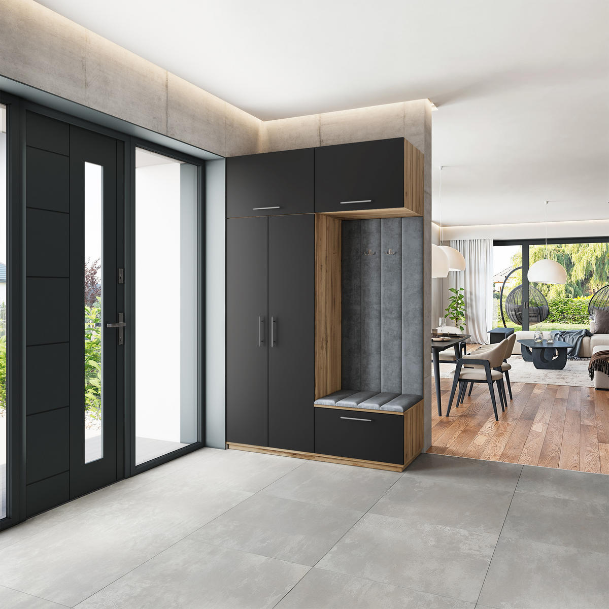 GARDEROBENSCHRANK REMA 150/240/60 cm Modern Garderobe-Set Eiche Wotan - Eiche Wotan/Schwarz, Holzwerkstoff (150/240/60cm) - MASSENO