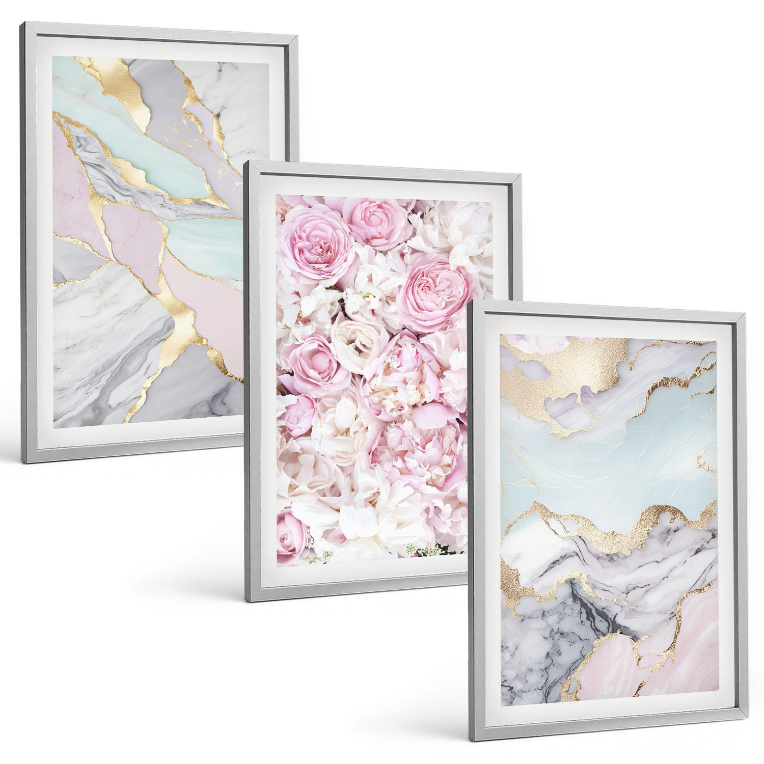 BILDER SET 3er Set - 40x60 cm Silberner Rahmen - Rosa Blumen Marmor Pastell - Silberfarben, Kunststoff (40/60cm) - TULUP