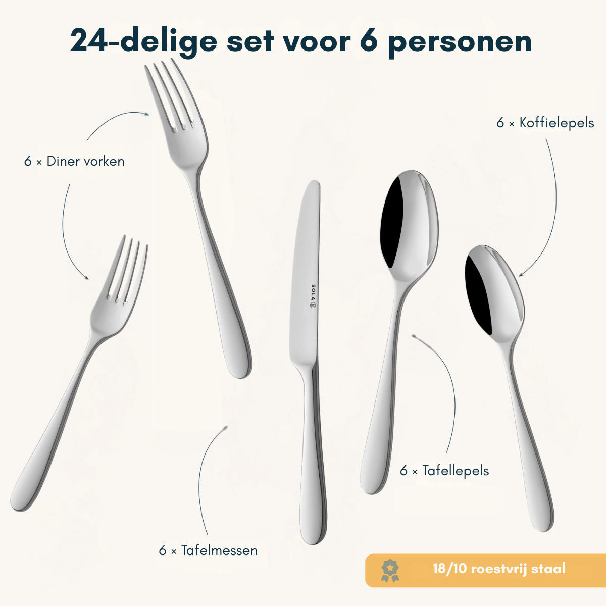 BESTECKSET Nordica - 18/10 Edelstahl - 24-teilig / 6 Personen - Silberfarben, Metall - Sola