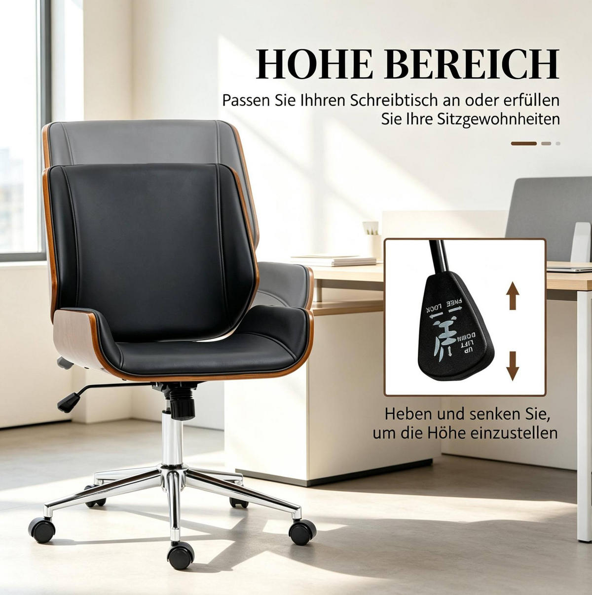 BÜROSTUHL in Schwarz und Dunkelbraun 60x53x96 cm, höhenverstellbar und drehbar - Schwarz, Kunststoff (53/96/60cm) - IVMEU