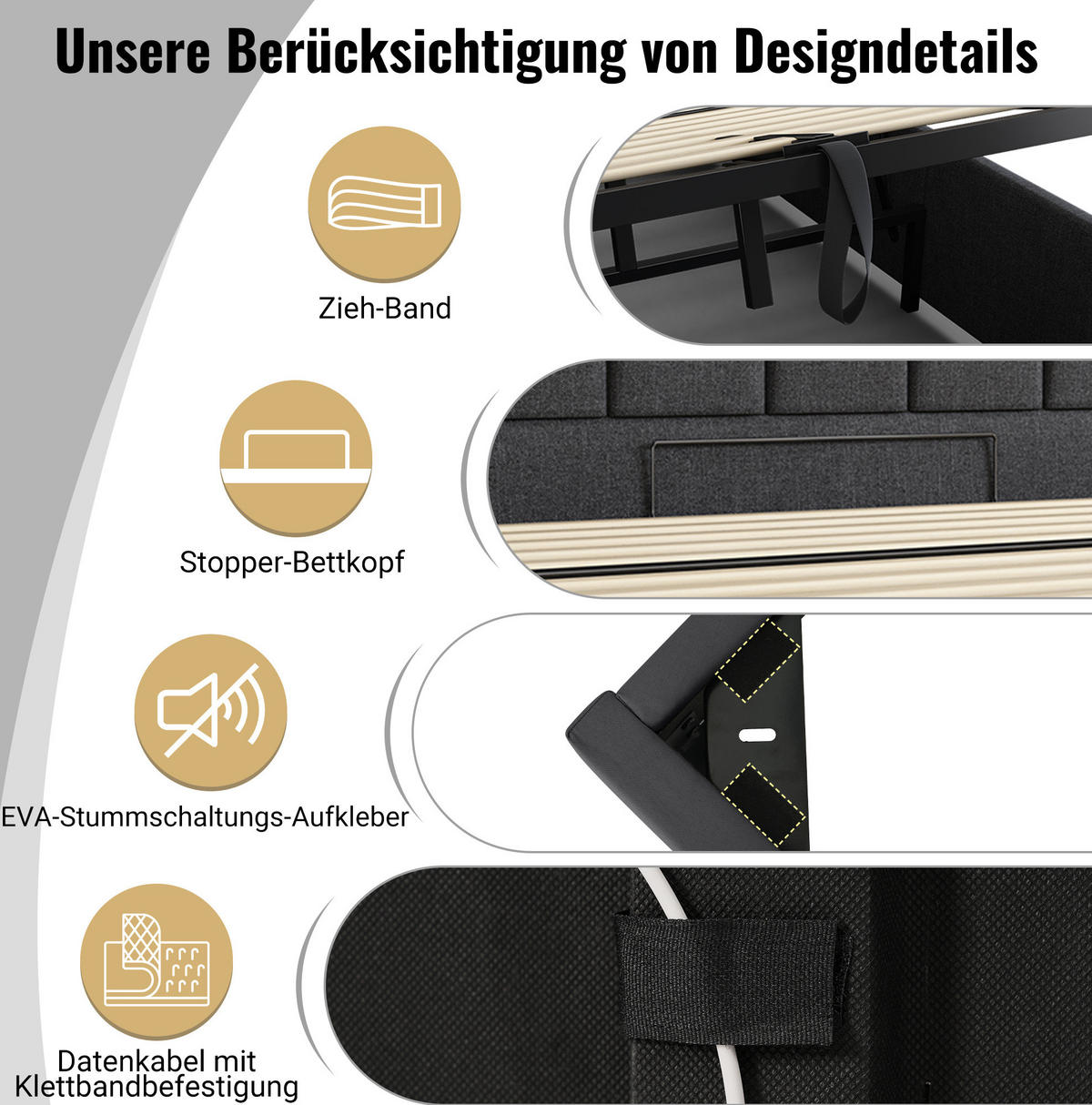 POLNJENA postelja iz lanu 160x200 cm siva z LED osvetlitvijo, USB-C priključkom in hidravličnim predalom - siva, tekstil (160/200cm) - Modfu