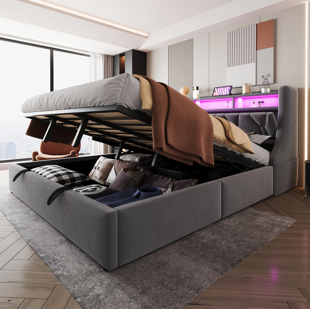 POLSTERBETT mit Samtbezug 180x200 cm Grau mit hydraulischem Bettkasten, LED und USB-/Typ-C-Anschlüssen - Grau, Textil (180/200cm) - Modfu