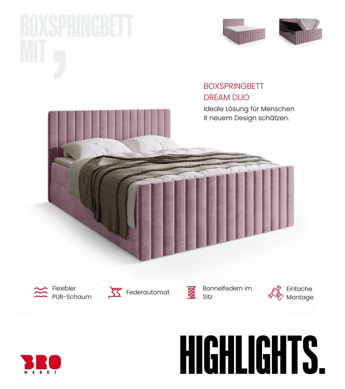 BOXSPRINGBETT Dream Duo mit Topper 180/200 Puderrosa - Rosa, Kunststoff (180/200cm) - Bromarkt