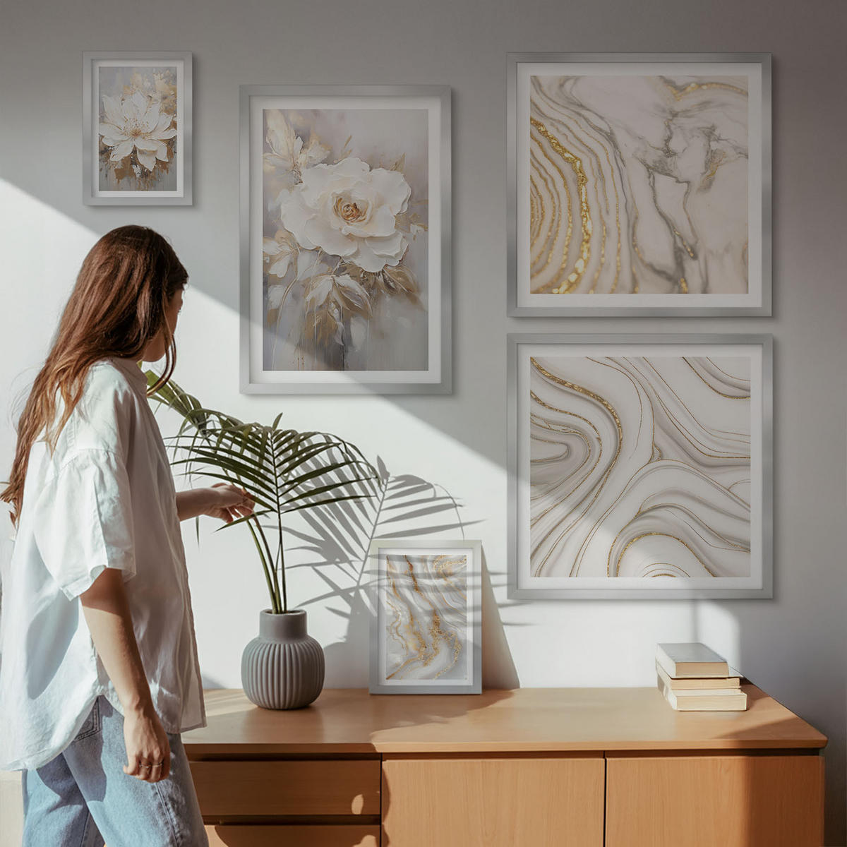 BILDER SET 5er Set - 50x50 cm & 20x30 cm & 40x60 cm Silberner Rahmen - Subtile abstrakte Muster - Silberfarben, Kunststoff (40/60cm) - TULUP