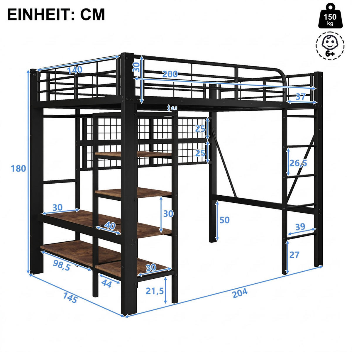 HOCHBETT 140/200 cm Schwarz mit Netz zum Aufhängen von Gegenständen, Kleiderstange und LED-Lichtleiste - Schwarz, Metall (140/200cm) - Oxeza