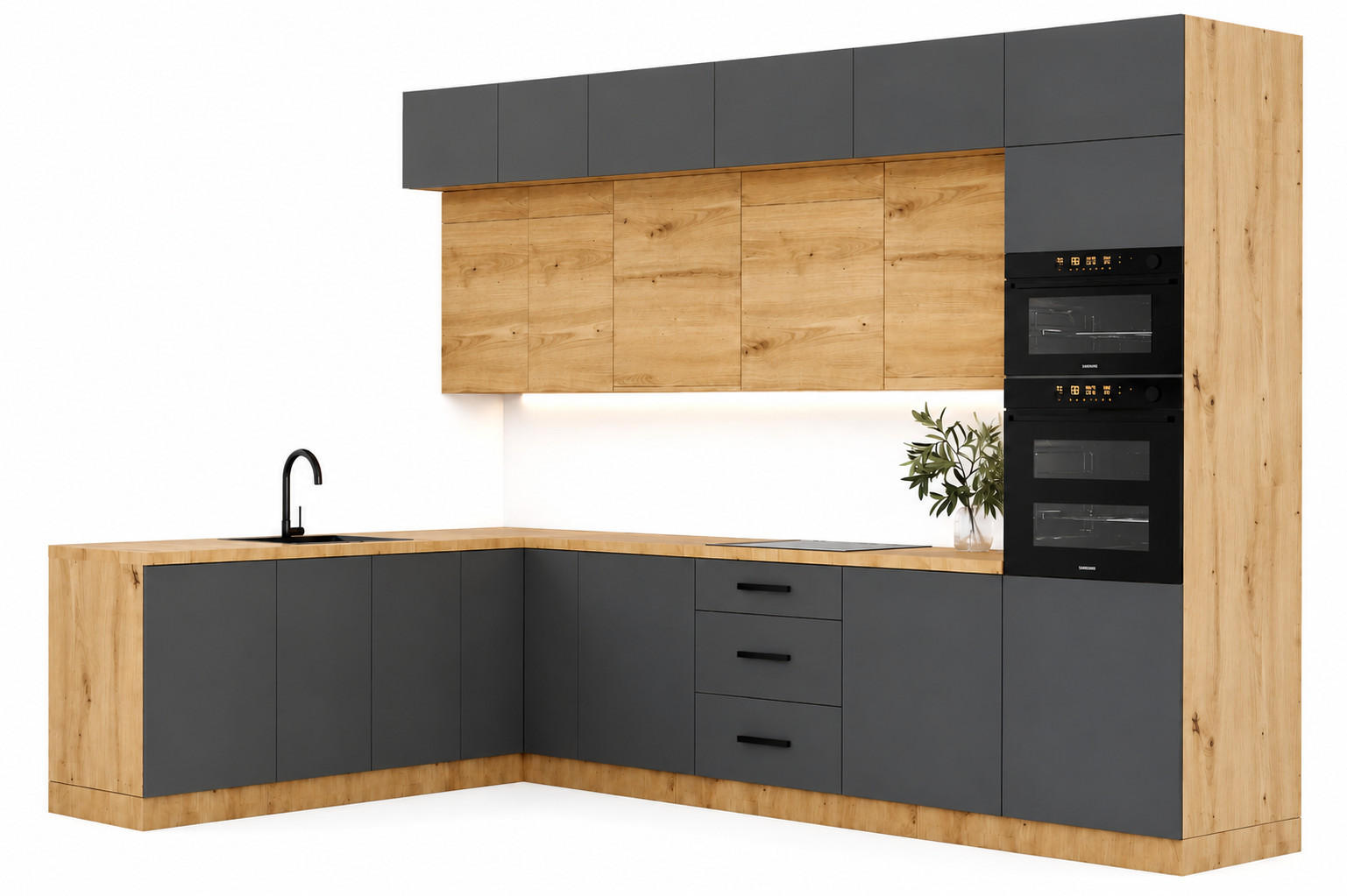 ECKKÜCHE 330 x 230 cm – Nexa K105-G330 – in Grau & Woodline / Matt - Schwarz/Eiche Artisan, Holz/Metall (330/212/58cm) - ROYAL24_MARKT
