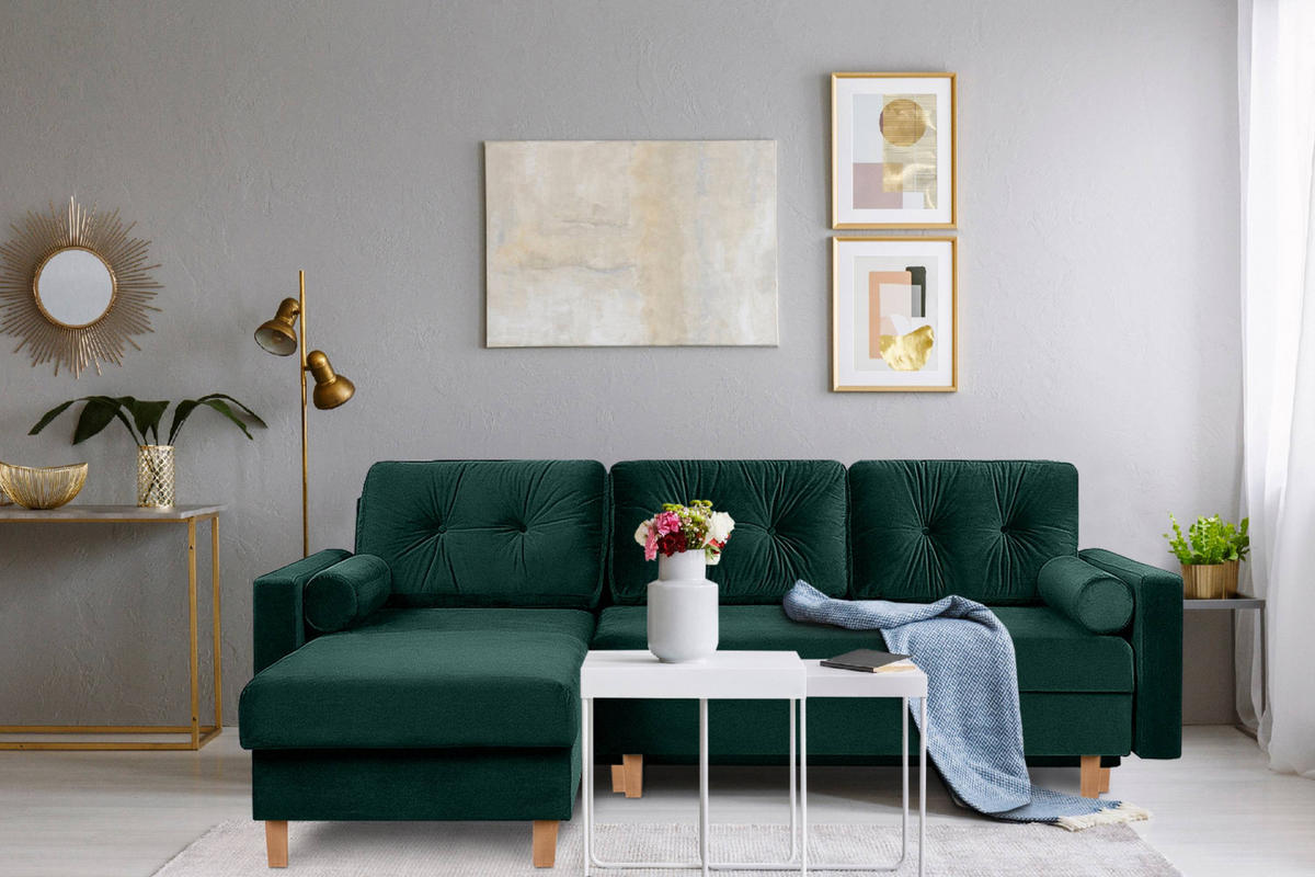 ECKSCHLAFSOFA ERISO 3/4 Sitzer und Universalecke mit Ottoman, Velour-Stoff, dunkelgrün - Dunkelgrün/Braun, Textil (240/183cm) - KONSIMO®