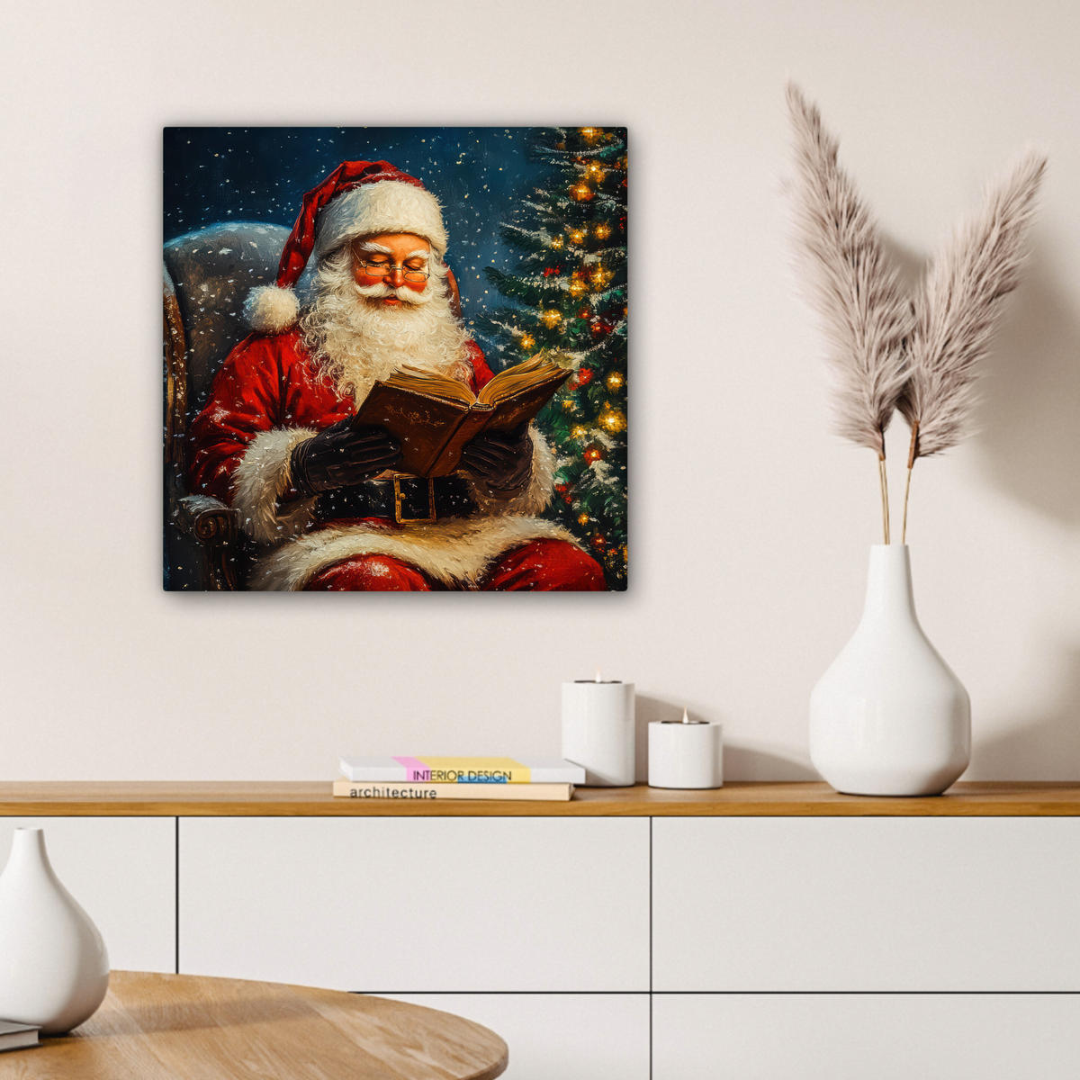 LEINWANDBILD Weihnachtsmann - Weihnachten - Winter - Weihnachtsbaum Wandbild Wohnzimmer 50x50 cm - Bordeaux, Textil (50/50cm) - MuchoWow