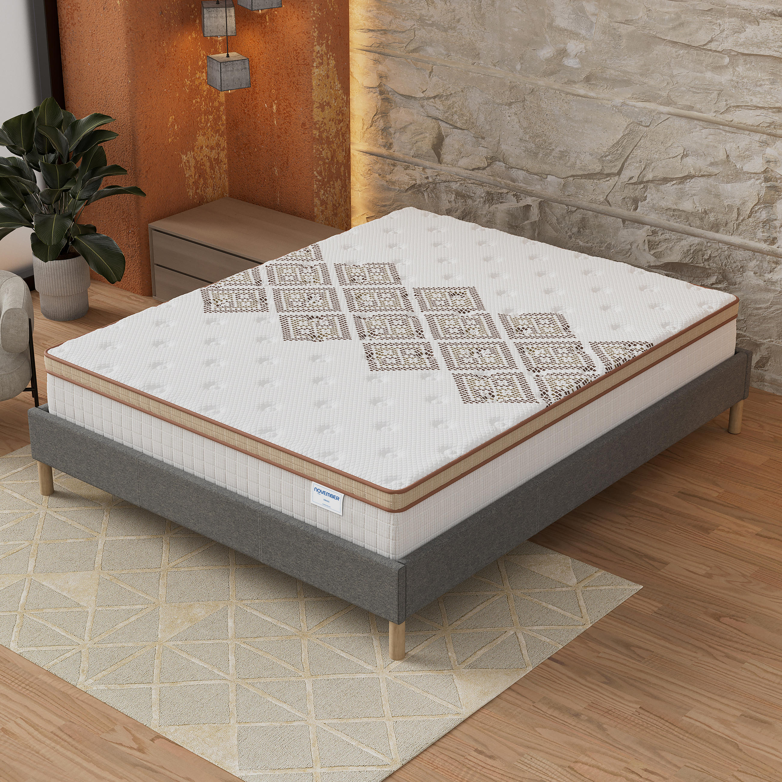 BETT und MATRATZE - 180 x 200 cm - Taschenfederkern - 28cm dick - Grau, Naturmaterialien/Eichenholz (180/200cm) - November Sleep