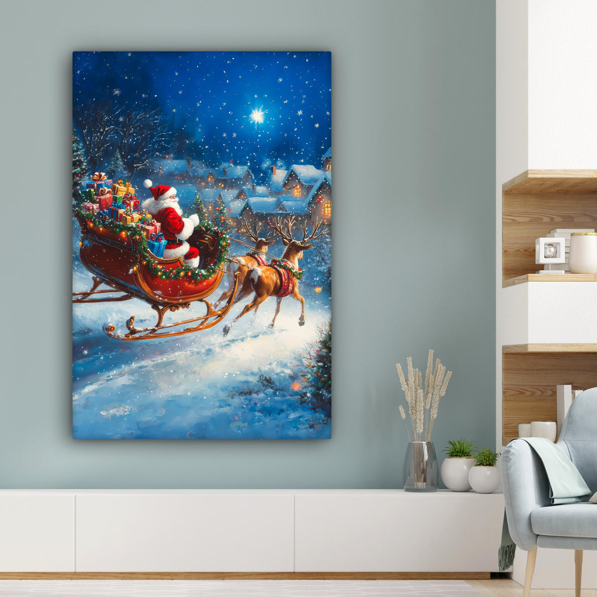 LEINWANDBILD Weihnachtsmann - Rentier - Weihnachten - Schnee Deko Groß 90x140 cm - Cognac, Textil (90/140cm) - MuchoWow