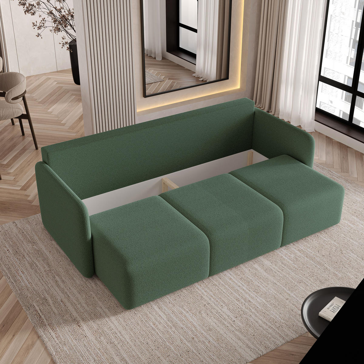 BETTSOFA SUVI III Q Grün Bucle-Stoff mit Schlaffunktion - Grün, Textil (220/85/90cm) - MASSENO