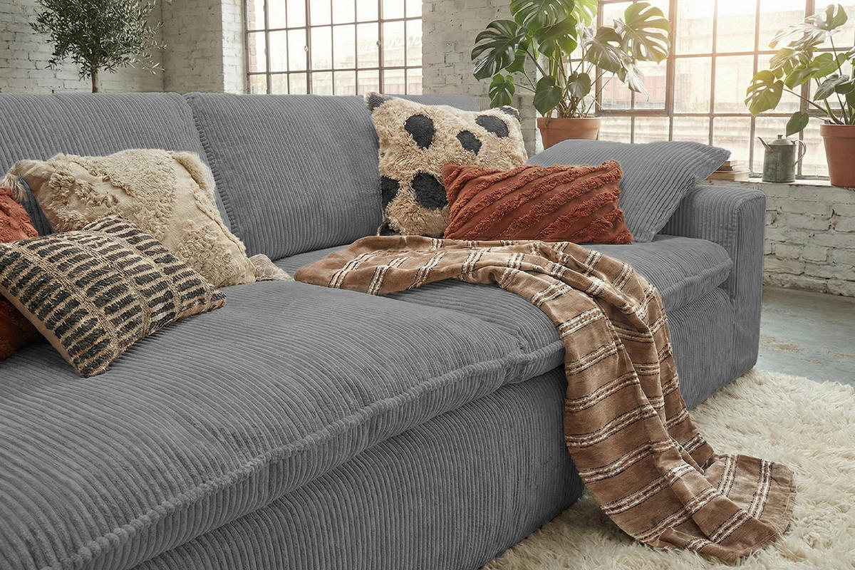 SOFA NETTA Grau Cord - Braun/Grau, Birkenholz/Textil (258/90/116cm) - KAWOLA