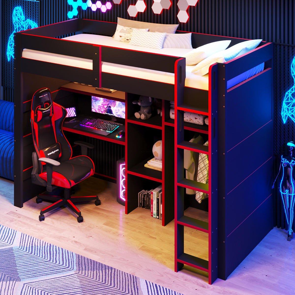 HOCHBETT aus MDF und Sperrholz 90x200 cm Schwarz/Rot mit Schreibtisch, Kleiderschrank und LED-Beleuchtung - Schwarz, Holzwerkstoff (90/200cm) - Modfu
