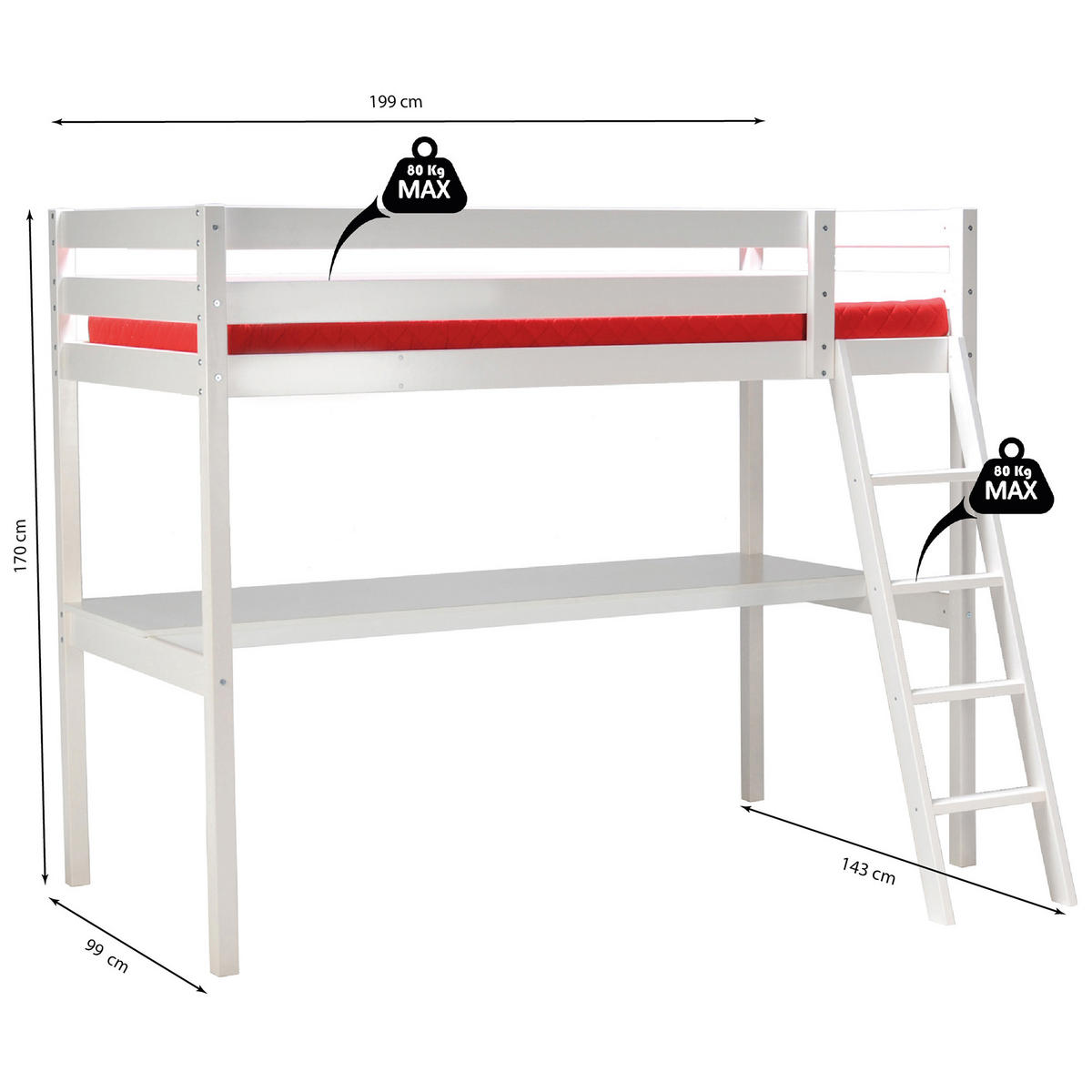 HOCHBETT ASPEN / 90x190 cm mit schreibtisch - Weiß - Weiß, Holz (90/190cm) - Weber Industries