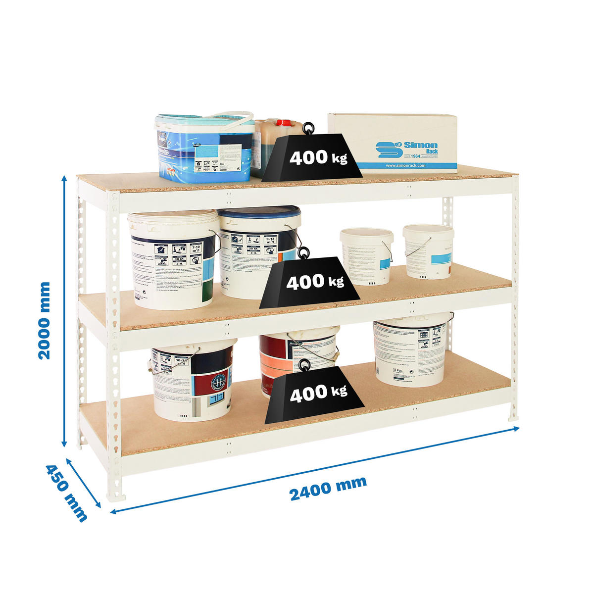 SCHWERLASTREGAL Wood Beast Three HxBxT 200 x 240 x 45 cm Fachlast 400 kg Weiß - Weiß, Metall (240/200/45cm) - PROREGAL