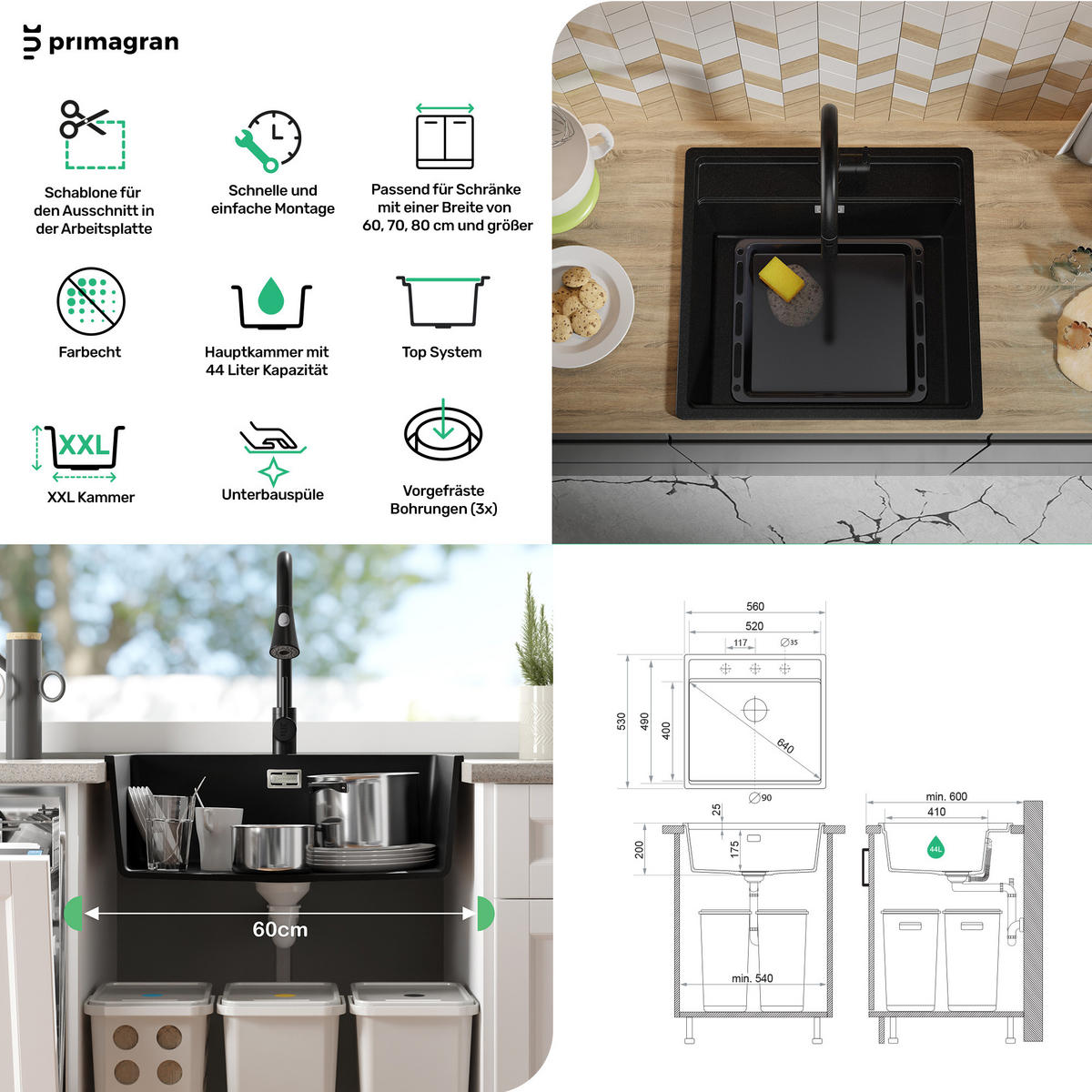 GRANITSPÜLE Bergen, 2-er set Alles Weiß 56/53 cm 1 Becken + Küchenarmatur 40/20 cm + Ablauf-Set + Schneidebrett ab 60er Unterschrank - Beige/Weiß, Kunststoff (56/20/53cm) - Primagran