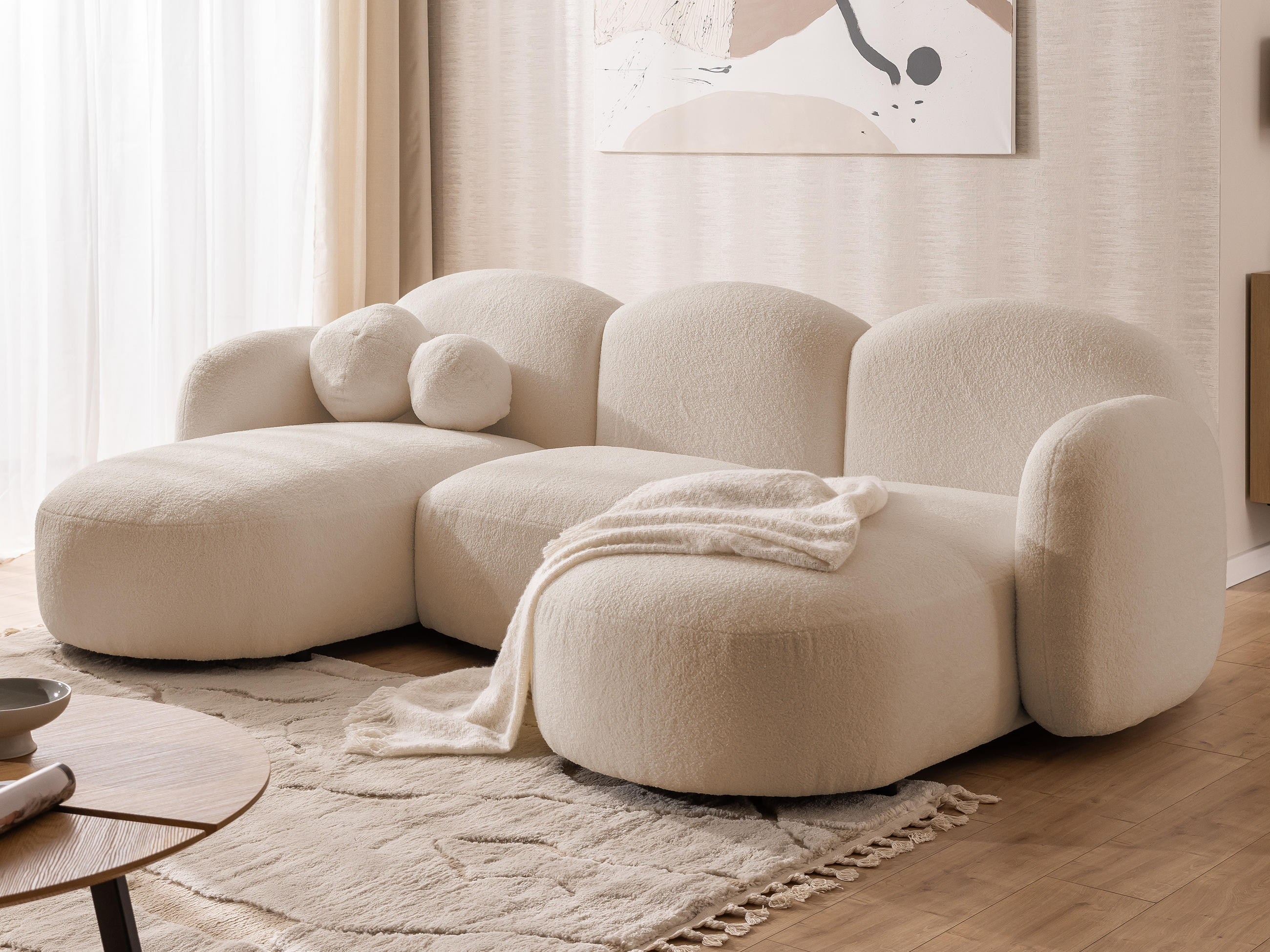 WOHNLANDSCHAFT Nuvola mit abgerundetem Design Hellbeige Bouclé-Stoff - Beige/Schwarz, Holz/Kunststoff (268/80/146cm) - S-Style Möbel