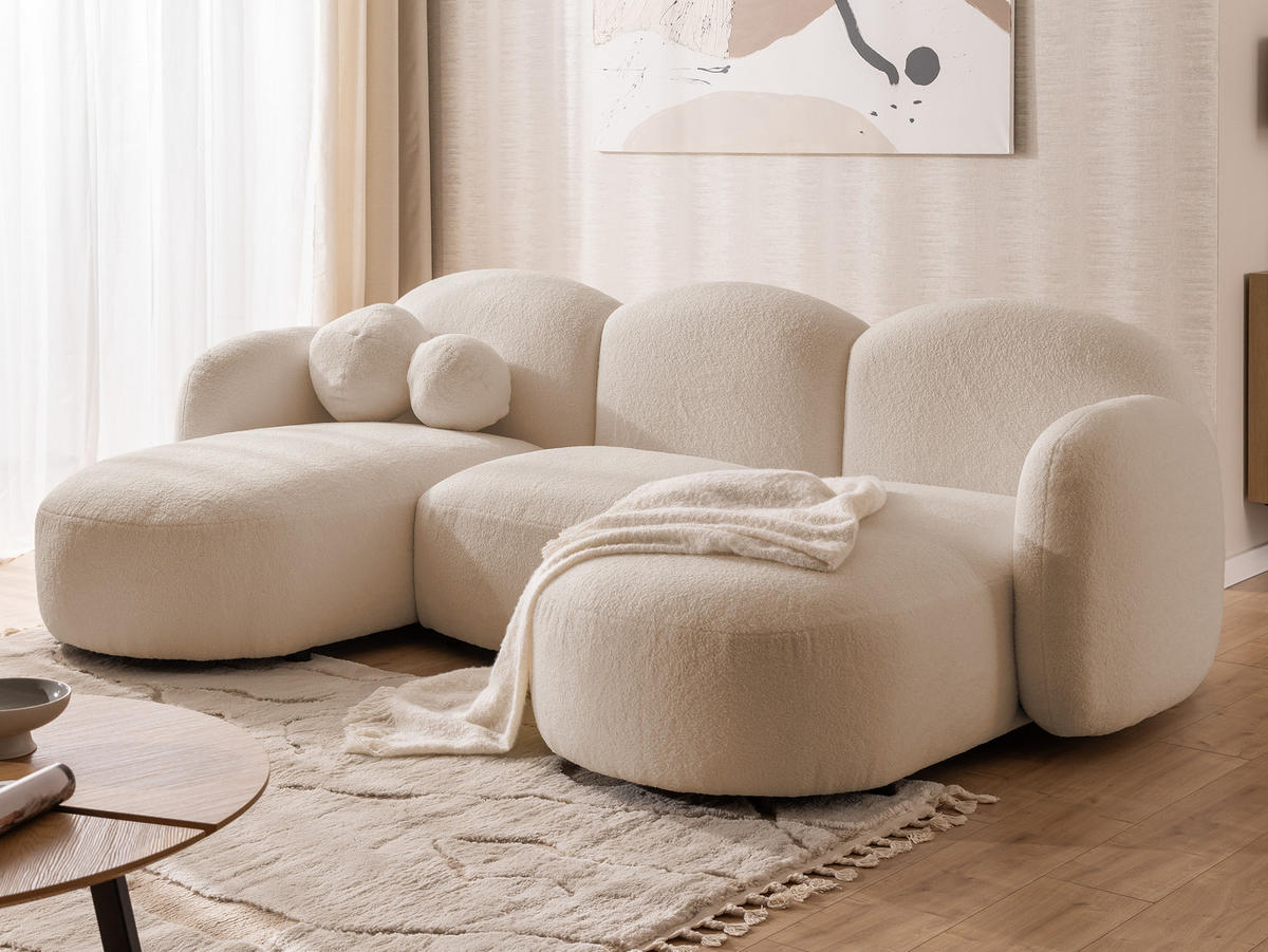WOHNLANDSCHAFT Nuvola mit abgerundetem Design Hellbeige Bouclé-Stoff - Beige/Schwarz, Holz/Kunststoff (268/80/146cm) - S-Style Möbel