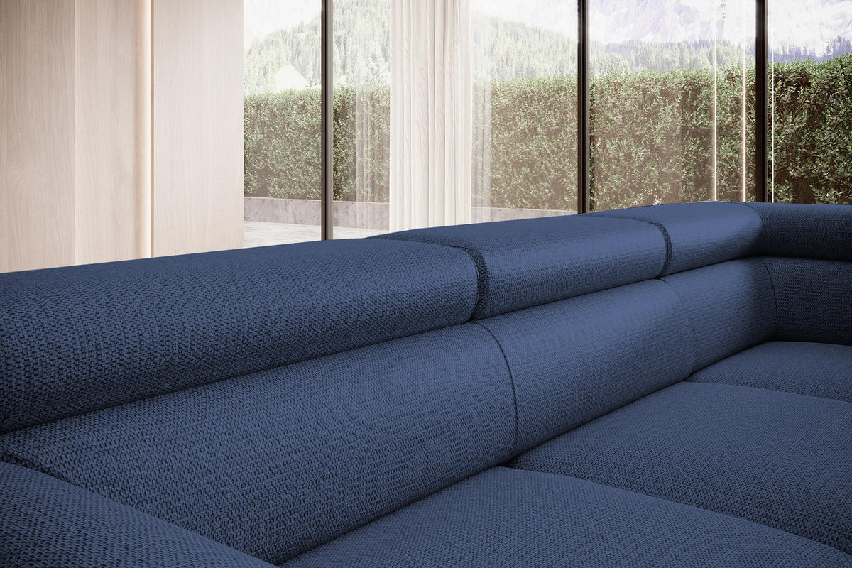 ECKSOFA Raven L mit Schlaffunktion und Bettkasten, Freistehend, Polstersofa mit Verstellbaren Kopfstützen, 257x198x96 cm – Rechte, Blau - Blau, Holz/Textil (256/198cm) - DomoHome