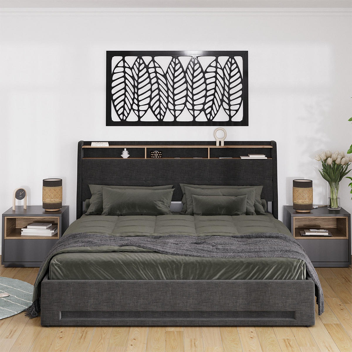 ČALOUNĚNÁ POSTEL Christin Antracit/dub - antracitová, kompozitní dřevo - VitaliSpa